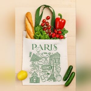 Paris Themed Tote Bag with Green Handles 13.5x15.5 In NWT